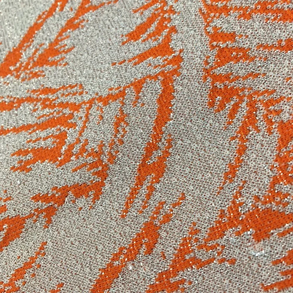 Vintage Fabric Material Remnant Orange Feathering with Silver Lurex, Retro Craft